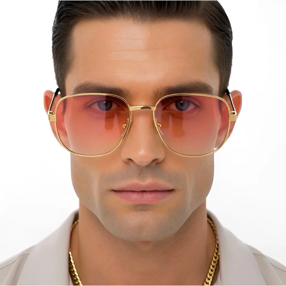 Gold Square Fashion Sunglasses Pink Gradient Lens‎ Retro 70s Braided Temple Mens